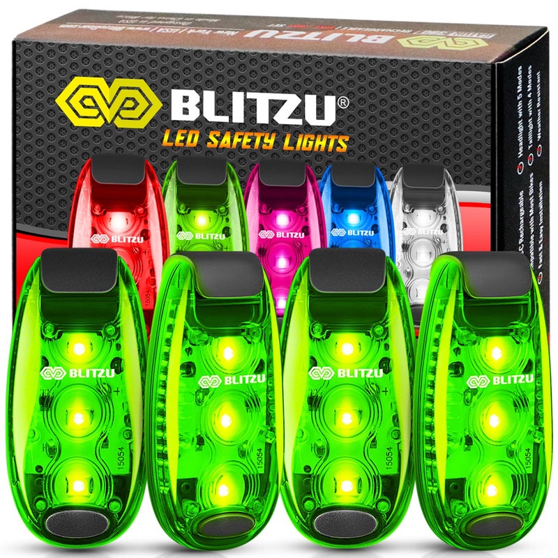 BLITZU 4 عبوات من ضوء الأمان LED، أضواء عاكسة قابلة للتثبيت للمشي في الليل، الجري، الركض، ملحقات ضوء فلاش عالي الوضوح للعدائين، الأطفال، التنزه، الكاياك، ركوب الدراجات، التخييم، القوارب باللون الأخضر - Image 1